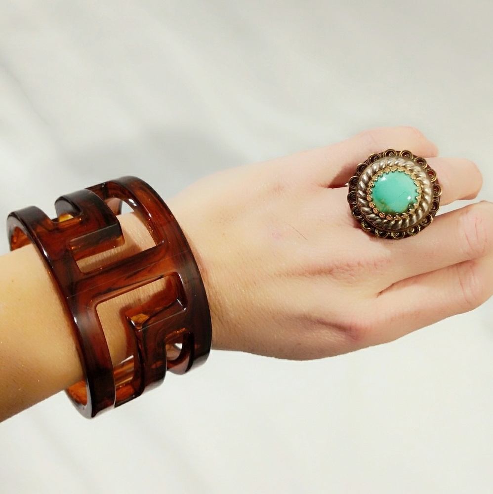 Amazing Turquoise, Sterling Silver, Gold, Brass & Lucite Ring